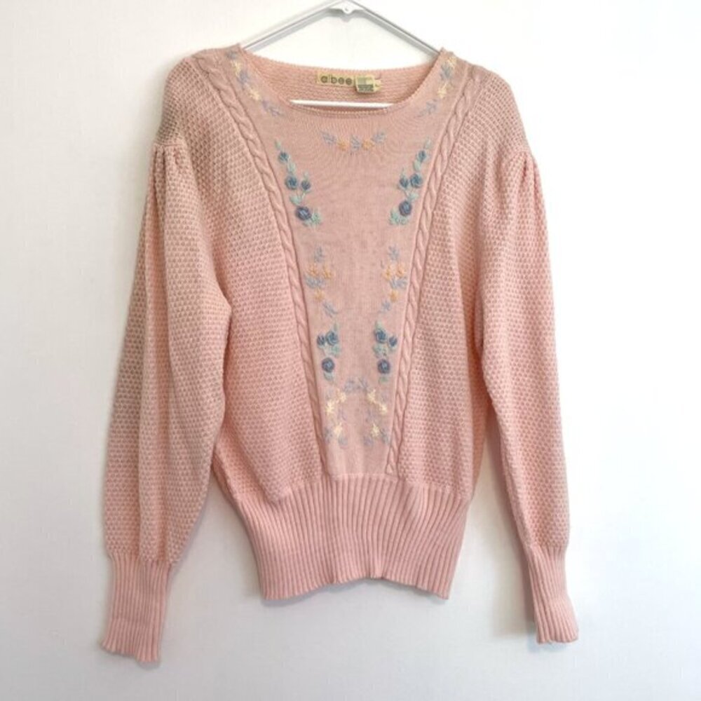 VINTAGE VTG ALBEE Light Baby Pink Pastel Embroidered Cottagecore Grandma Sweater